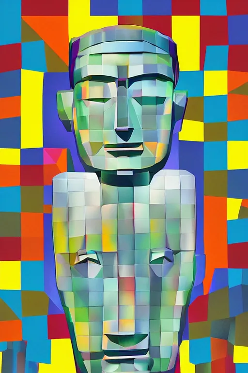 Image similar to cubist moai statue cutout digital illustration cartoon colorful beeple