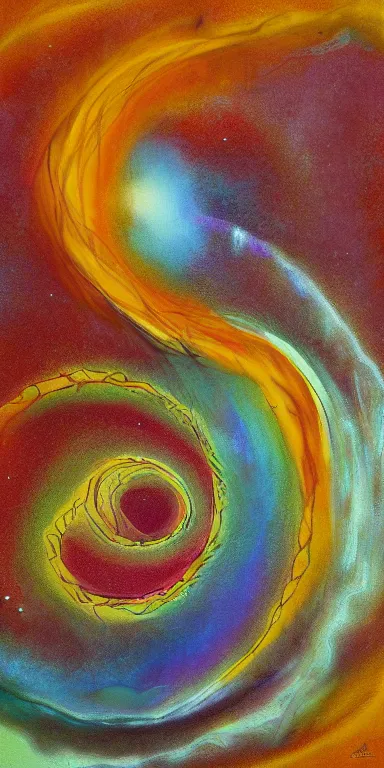 Prompt: cosmic folding in spacetime by marina apollonio, spooky autumnal colours, expressionist, minimal, spiral form