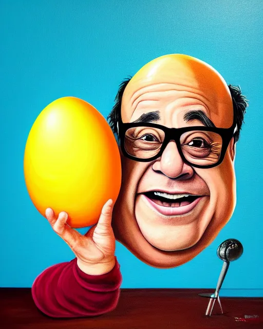 Image similar to painting portrait of danny devito as an egg, cartoon, warm lighting, danny devito has an egg body, movie poster, illustration by bartek fedyczak, erak note, tooth wu, neil richards, kan liu, siwoo kim, jisu choe, trending on art station