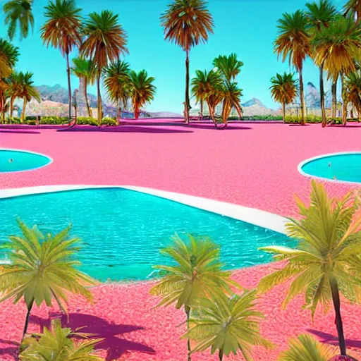Prompt: realistic illustration of an oasis in a desert. Hot yellow sand with cyan water with white lines of refraction. Palm trees surround the oasis. Pink blocks are rising out of the water in a row leading from near to far, with vines hanging off them