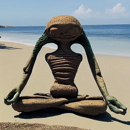 Prompt: “meditating alien on the beach”