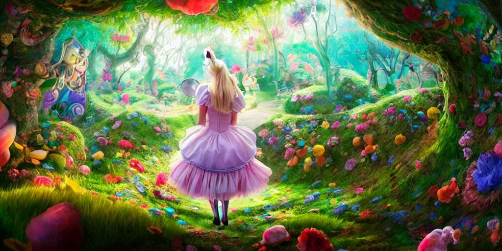 Image similar to Alice falling down the rabbit hole, alice in wonderland, colorful, wide angle, super highly detailed, professional digital painting, artstation, concept art, smooth, sharp focus, no blur, no dof, extreme illustration, Unreal Engine 5, Photorealism, HD quality, 8k resolution, cinema 4d, 3D, beautiful, cinematic, art by artgerm and greg rutkowski and alphonse mucha and loish and WLOP