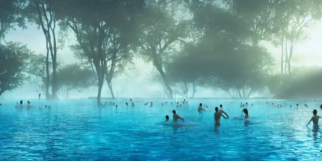 Prompt: distant figures swimming in a lagoon pool, by sapna reddy, cinematic forest lighting, hyperdetailed, in volumetric soft glowing mist, elegant pose, movie still, real life landscape