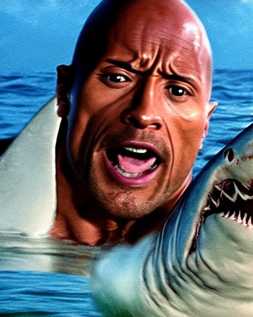 Image similar to film still close up shot of dwayne johnson fighting with a shark in the movie jaws. photographic, photography