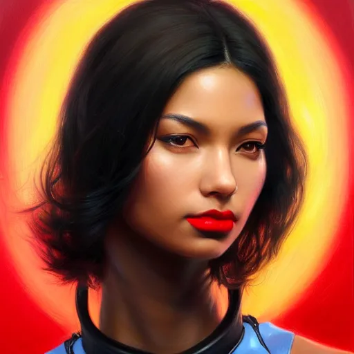 Prompt: a portrait of a very WOC beautiful woman in a spacesuit, brown eyes, shoulder-length black hair, red lips, bored, illustration, soft lighting, soft details, painting oil on canvas by mark arian by artgerm, trending on artstation, 4k, 8k, HD