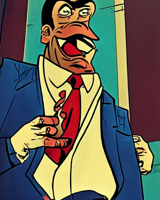 Image similar to smug male antagonist in suit, uptown city street, artwork by ralph bakshi