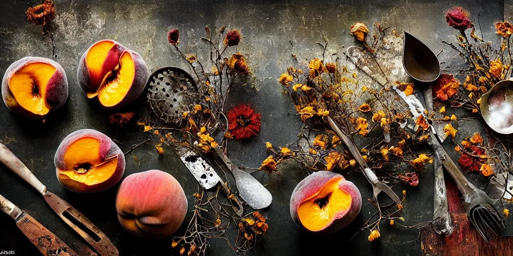 Image similar to decaying rotting peaches, moldy, on an antique distressed table top, dried flowers, metal kitchen utensils, old kitchen backdrop, dark kitchen, style by peter lippmann, intricate detail,