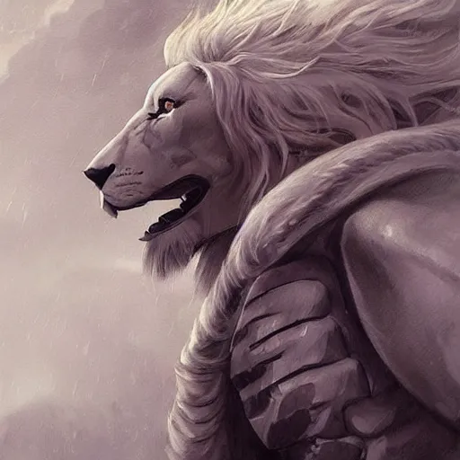 Image similar to aesthetic portrait commission of a albino muscular and attractive anthro lion as a character form game of thrones, gloomy/wet atmosphere, dim lighting, hyperdetailed. Character design by charlie bowater, ross tran, artgerm, and makoto shinkai, detailed, inked, western comic book art, 2021 award winning painting