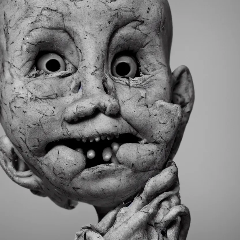 Image similar to creepy ventriloqiest dummy in the style of Roger Ballen, 4k, bw, portrait