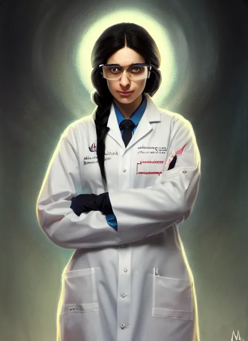 Prompt: ameera altaweel female scientist, lab coat, black hair, studio lighting, portrait by Magali Villeneuve and Steve Argyle,Livia Prima,Mucha,fantasy art,beautiful,artstation