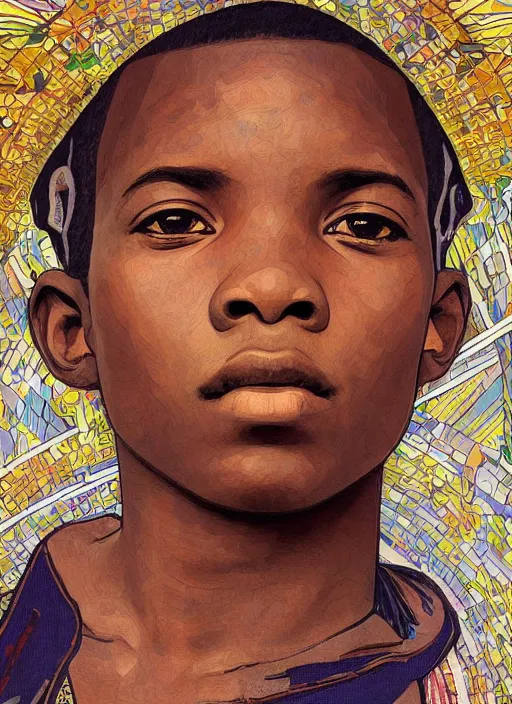 Image similar to colourful upper half portrait of an african boy - art by aya takano & alphonse mucha, magazine collage, highly detailed, digital painting, illustration, smooth, sharp focus, intricate, clustered, busy, pinterest, behance,