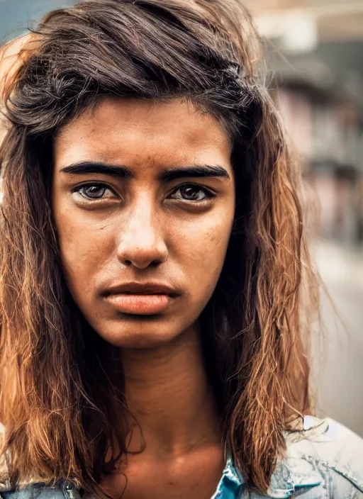 Prompt: color medium shot portrait of beautiful well-groomed Brazilian 26-year-old woman model, candid street portrait in the style of Lee Jeffries award winning, Sony a7R