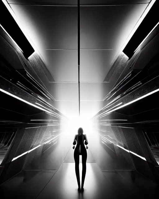 Image similar to black and white high quality photo of a beautiful futuristic female human-cyborg looking into a sci-fi mirror, volumetric lighting, liminal space, brutalism, foggy, dreamy, hyperdetailed, bokeh, photorealistic, cinematic, masterpiece, Metropolis, elegant, dark, octane render, 8K, in the style of Dora Maar