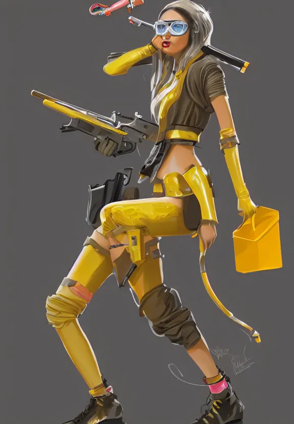 Prompt: trending on artstation, character concept art, 2d digital illustration, a young pretty girl with yellow glasses, plastic futuristic clothing, a lollipop and a huge gun, highly detailed, beautiful, masterful