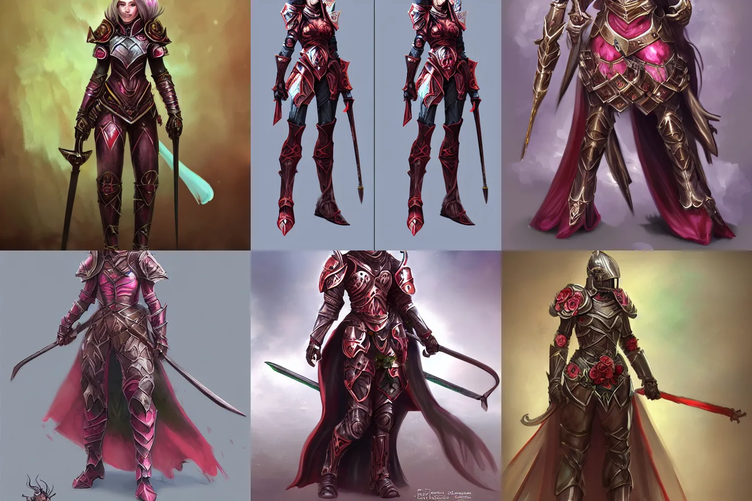 Prompt: fantasy female knight concept design, armor based of roses, artstation