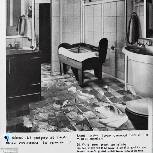 Prompt: a 1 9 5 0 s newspaper clipping with a photo showing a luxurious bathroom with a smashed mirror shattered on the floor