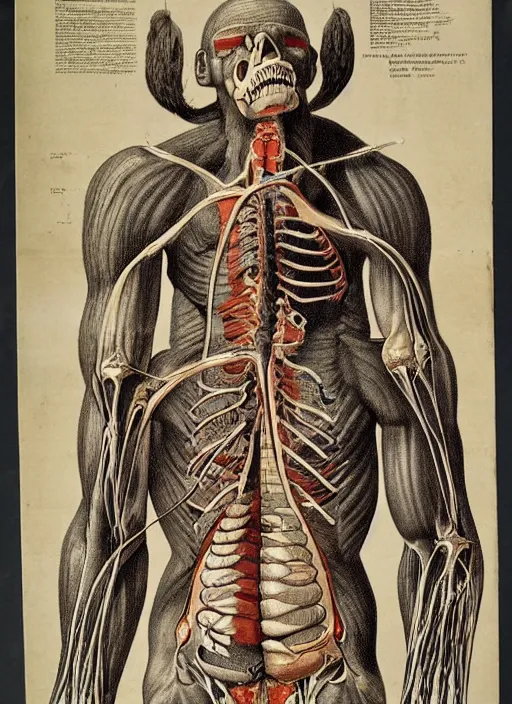 Image similar to vintage medical anatomical illustration of sasquatch, highly detailed, labels, intricate writing