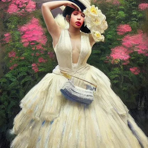Prompt: happy very thick paint brush strokes paint texture full body fashion model cardi b by Jeremy Lipking by Hasui Kawase by Richard Schmid (((smokey eyes makeup eye shadow fantasy, glow, shimmer as victorian woman in a long white frilly lace dress and a large white hat having tea in a sunroom filled with flowers, roses and lush fern flowers ,intricate, night, highly detailed, dramatic lighting))) , high quality