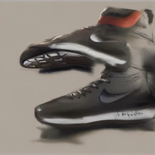 Image similar to a concept art of nike shoes, by Craig mullins, Steve Purcell, Ralph McQuarrie. Trending on artstation. Centered image, no background