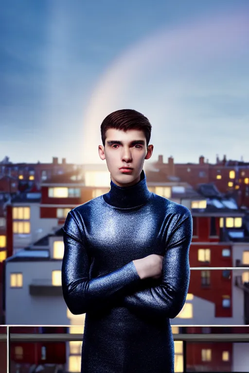 Image similar to un ultra high definition studio quality photographic art portrait of a young man standing on the rooftop of a british apartment building wearing soft padded silver pearlescent clothing. three point light. extremely detailed. golden ratio, ray tracing, volumetric light, shallow depth of field. set dressed.