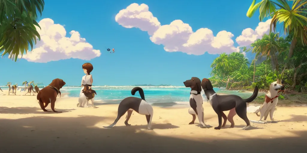 Prompt: a wholesome animation key shot of dogs at a tropical beach, medium shot, waist up, studio ghibli, pixar and disney animation, sharp, very detailed, high resolution, rendered in unreal engine 5, anime key art by greg rutkowski, bloom, dramatic lighting