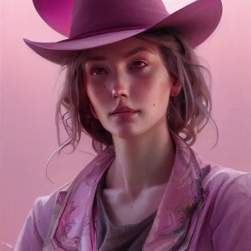 Prompt: Pink cowboy hat, highly detailed, digital painting, artstation, concept art, smooth, sharp focus, illustration, art by artgerm and greg rutkowski and alphonse mucha