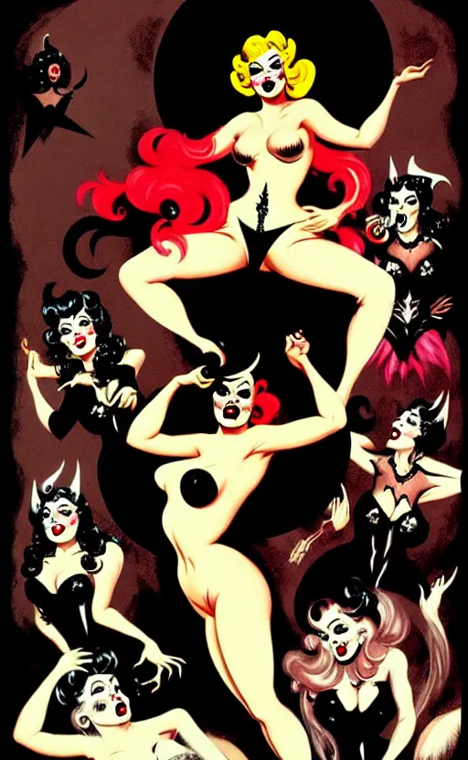 Image similar to witches sabbath, burlesque psychobilly, rockabilly, punk, white background, vector art, illustration by frank frazetta