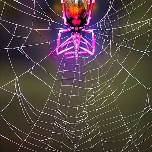 Prompt: spider on a web made of neon, 8 k octane beautifully detailed render, post - processing, extremely hyper - detailed, intricate, epic composition, cinematic lighting, masterpiece, trending on artstation, masterpiece, stunning art by anders zorn, wonderful masterpiece by greg rutkowski, beautiful cinematic,