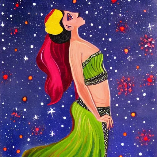 Image similar to painting of a belly dancer looking at a starry sky, stylized, highly detailed, soft light