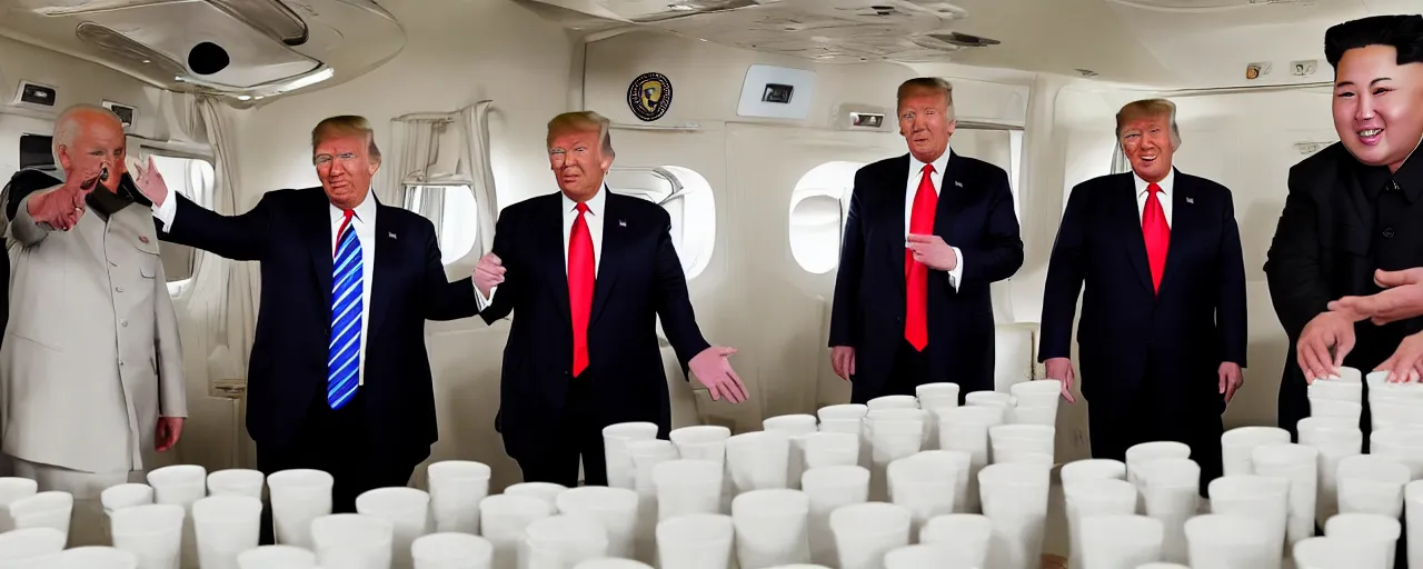 Image similar to donald trump with joe biden and kim jong un playing beer pong on air force one