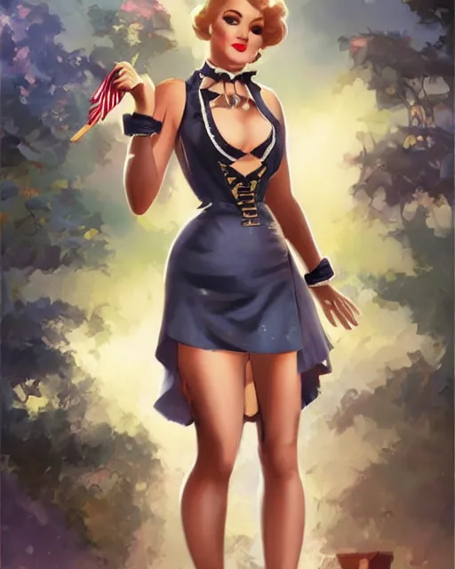 Image similar to Pop idol full body pin up modeling in pop-idol unioform, with a park in the back ground, post war style, detailed face, american postcard art style, by Krenz Cushart and Randolph Stanley Hewton and Charlie Bowater