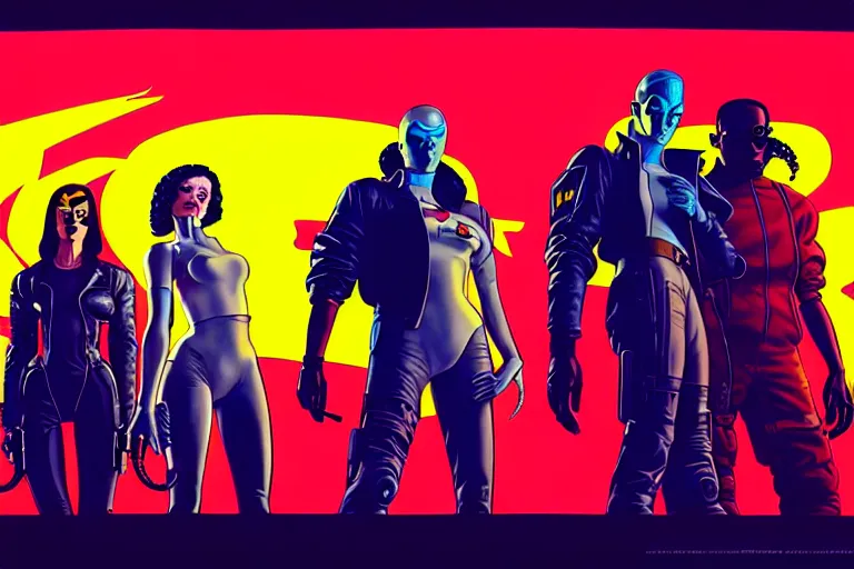 Image similar to cyberpunk heist crew. portrait by stonehouse and mœbius and will eisner and gil elvgren and pixar. character design. realistic proportions. dystopian. cyberpunk 2 0 7 7 character art, blade runner 2 0 4 9 concept art. cel shading. attractive face. thick lines. the team. diverse characters.