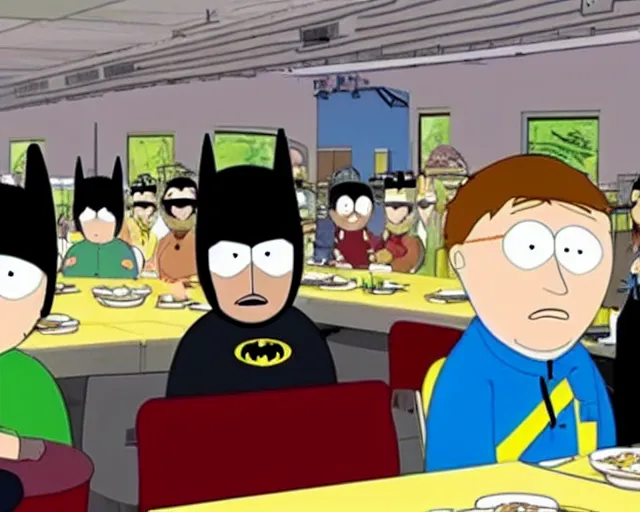 Prompt: batman working at the cafeteria, serving lunch to stan, kyle, cartman and kenny, on an episode of south park, cdx