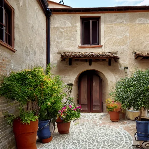 Image similar to paved porch with staircase on the left that goes to the first floor in an italian courtyard