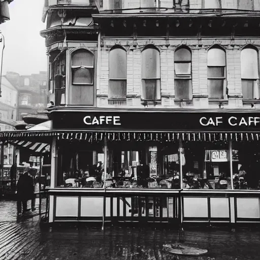 Image similar to cafe in a rainy victorian city, photograph