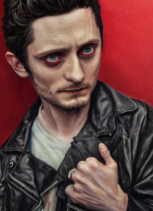 Image similar to portrait of elijah wood, gritty, dark, wearing a leather jacket, very detailed eyes, hyperrealistic, very detailed painting by Glenn Fabry, by Joao Ruas, by Artgerm