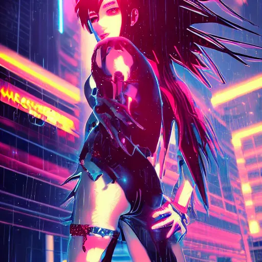 Prompt: 3 d digital cyberpunk anime!!, shattered cyborg - body, cyborg - girl, lightning, raining!!, water refractions!!, black red fade long hair!, biomechanical details, neon background lighting, reflections, wlop, ilya kuvshinov, artgerm