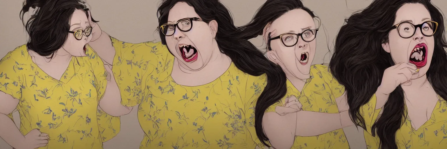 Prompt: female character study of cute young plus size todd solondz screaming, clear sharp todd solondz face, wearing yellow floral blouse, glasses, character sheet, fine details, concept design, contrast, by charlie bowater, francis bacon and pixar, trending on artstation, 8 k, full body and head, turnaround, front view, back view, ultra wide angle