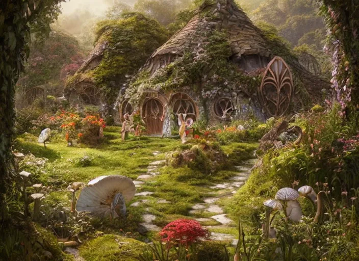 Image similar to winged female elves in the shire scenery landscape, lord of the rings, mushroom house, flowers, highly detailed, perfect lighting, perfect composition, 8 k, artgerm, derek zabrocki, greg rutkowski