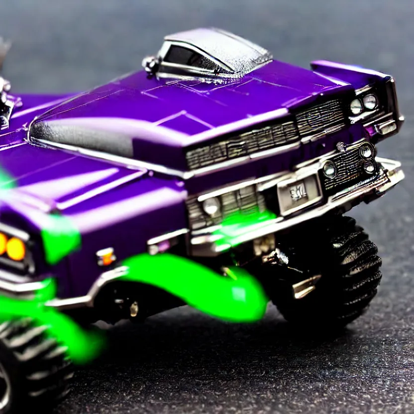 Image similar to close-up JZX100 twin turbo drift jet engine monster truck drag racer cowboy Cadillac hover-car UFO in the road, Tokyo prefecture, Japanese architecture, city sunset mist lights, cinematic lighting, photorealistic, detailed alloy wheels, highly detailed purple green snake oil wacky races power ranger bat-mobile transformer car