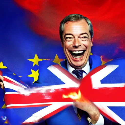 Image similar to nigel farage laughing holding burning eu flag, studio photograph, hd, studio