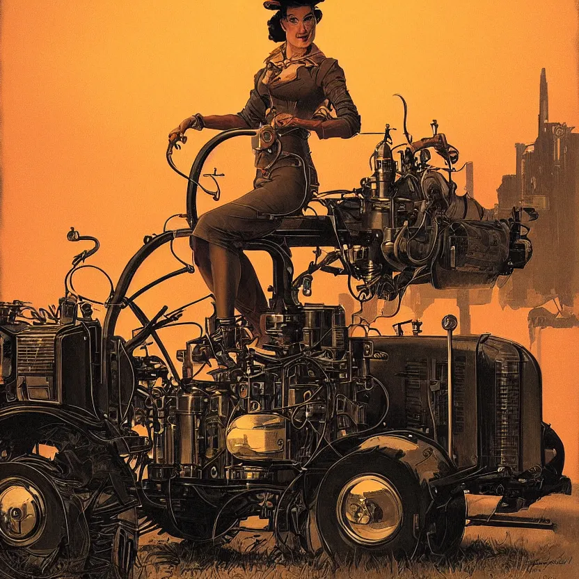 Prompt: a woman driving a steampunk tractor at dusk, by syd mead and norman rockwell. highly detailed digital art. retrofuturism. beautiful lighting. trending on artstation.