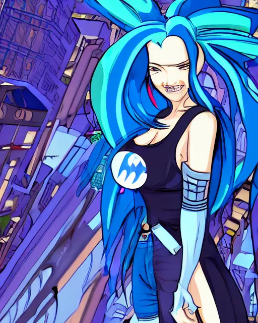 Image similar to cel shaded art of a pretty blue haired girl, jet grind radio graphics, cyberpunk city street background