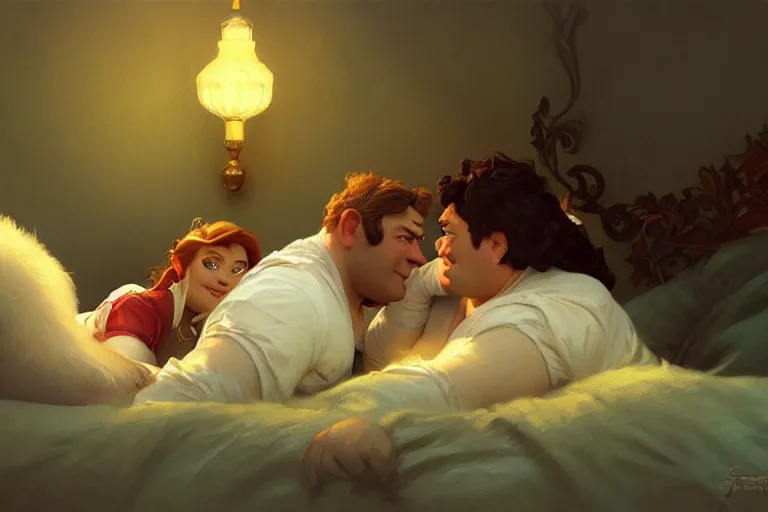 Image similar to pushkin and shrek lying in bed together, portrait, highly detailed, digital painting, artstation, concept art, smooth, sharp focus, illustration, cinematic lighting, art by artgerm and greg rutkowski and alphonse mucha