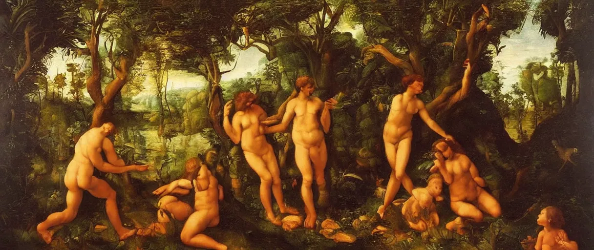 Prompt: the garden of eden, warm lighting, oil painting, by by raphael