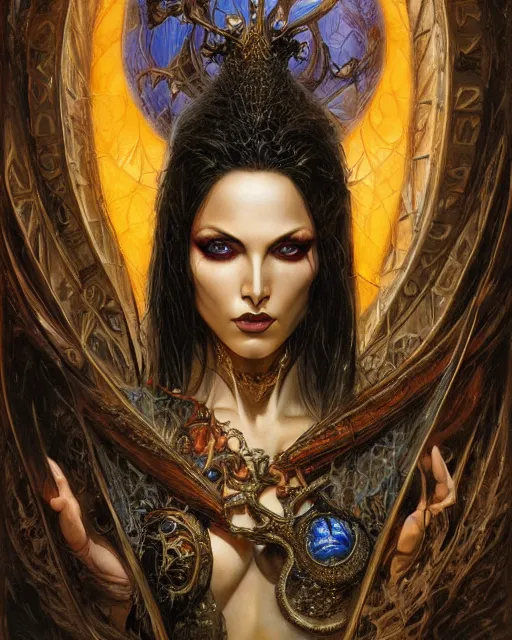 Image similar to a highly detailed airbrush painting of an evil female fantasy sorceress with piercing beautiful eyes art by karol bak and donato giancola and mark brooks, centered, full size, hires, 4 k, high resolution, sharp focus