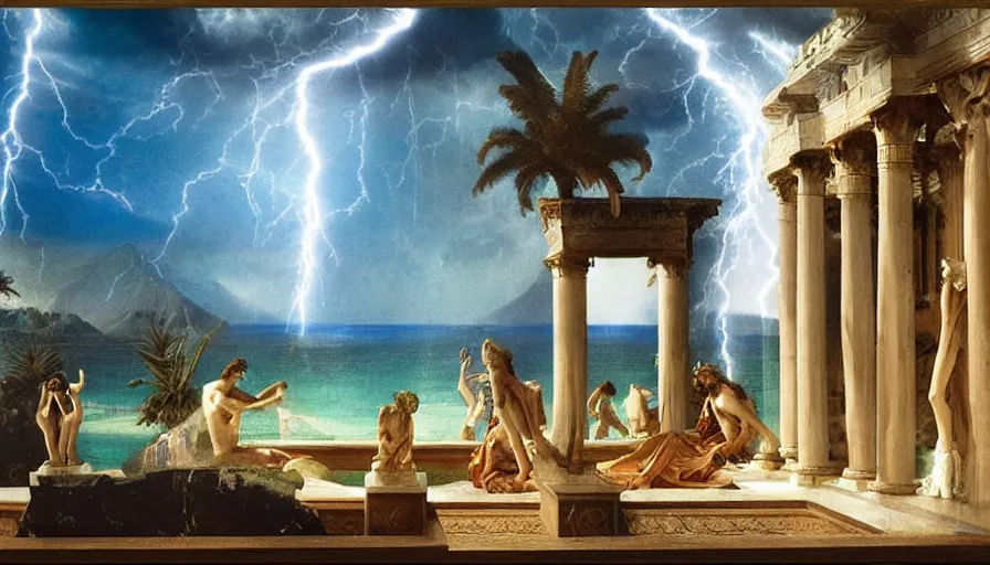 Image similar to Palace of the occult, mediterranean balustrade and columns, refracted sparkles, thunderstorm, greek pool, beach and Tropical vegetation on the background major arcana sky and occult symbols, by paul delaroche, hyperrealistic 4k uhd, award-winning, very detailed paradise