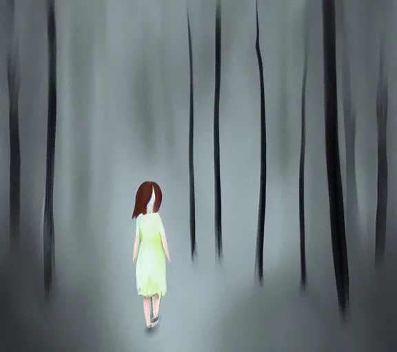 Image similar to a girl wandering in a dark forest, dim lighting, digital painting, scary atmosphere