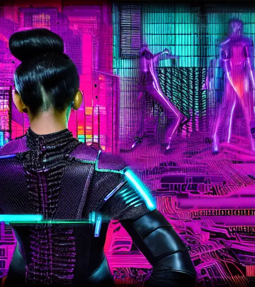 Image similar to back shot, looking away from viewer, woman with black ponytail in sci - fi leather armor, purple, by dariusz zawadzki, kenneth blom, mental alchemy, james jean, pablo amaringo, naudline pierre, intricate, contemporary art, glitch, neon color palette, hyper detailed, rendered in octane