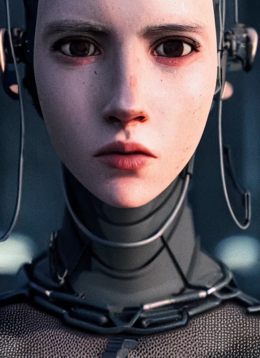 Image similar to cinestill 5 0 d photographic portrait of loving female androids wearing rugged black mesh techwear in a desolate american city, extreme closeup, modern cyberpunk, dust storm, 8 k, hd, high resolution, 3 5 mm, f / 3 2, ultra realistic faces, ex machina